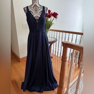 Faviana Navy Blue Lace Bodice Prom Dress